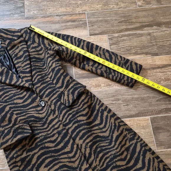 Tahari Black & Brown Wool Blend Lined 1 Button Zebra Print Midi Coat Pockets XS - Picture 3 of 9